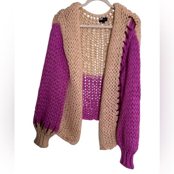 SAACHI Colorblock Patchwork Chunky Open-Front Oversized Small Cardigan Sweater - Picture 2 of 8